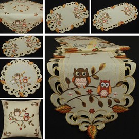 Owl Tablecloth Table Runner Blanket Cushion Cover Linen Look Cream Beige Autumn Leaf Embroidery – Choice of Sizes (Approx. 30 cm Round)