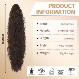 Humistwbiu Claw Clip Ponytail Extension for Women 30 Inch Long Ponytail Hair Piece Wavy Curly Synthetic Hairpieces, Medium Brown