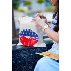 SALHARO 100% Cotton Large Tote Bags For Women 15x16 Inch Fashionable Bag Embroidered NATURAL Color Reusable Cotton Grocery Shopping Cloth Bags (Saucy Lips)