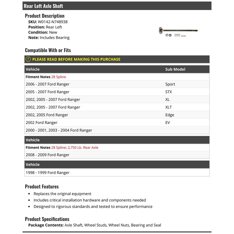 Marketplace Auto Parts Rear Left Driver Side Axle Shaft -