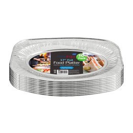 HOMESHOPA Aluminum Foil Disposable Oval Serving Platter 17 Inch, 10 Pack Silver Embossed Foil Food Trays, Oven and Food Safe, Lightweight Reusable Catering Plate for Party, Buffet