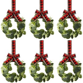 6 Pcs Christmas Kitchen Cabinet Wreaths Decorative Boxwood Wreaths with Ribbon Artificial Greenery Wreath Small Farmhouse Wreaths for Kitchen, 21.3 x 8.7 Inch (Dual Red and Black Plaid)