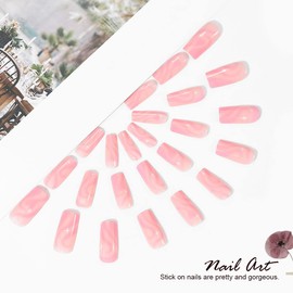 Vatocu Square Shiny Nails to Stick On Long Pink Lines Artificial Nails Nude White False Nails Star Acrylic Stick on Nails for Women and Girls (Pack of 24)