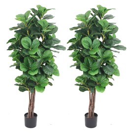 AMERIQUE 5' Pack of Two (2) Gorgeous & Dense Fiddle Leaf Fig Tree Artificial Silk Plant with UV Protection, with Nursery Plastic Pot, Feel Real Technology, Super Quality, Green