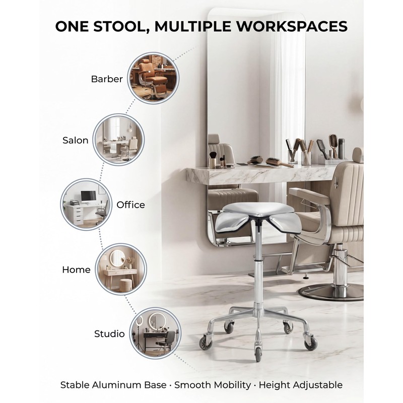 Saddle Stool Chair with Ultra-Quiet Wheels, Rolling Salon Stool