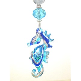 Beautiful Turquoise and Blue Seahorse with Silver Glass Ceiling Fan Pull / Light Pull Chain