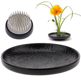 Woration Japanese Ikebana Vase & Flower Frog Kit, Floral Art 6.5inch Black Bowl Pot with 1.97inch Kenzan for Flower Arrangement Desk Office Home Decoration