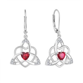 FJ Heart Celtic Knot Earrings 925 Sterling Silver Dangle Drop Leverback Earrings Ruby July Birthstone Earrings Irish Good Luck Jewellery for Women
