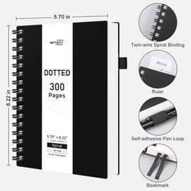 RETTACY Bullet Dotted Journal Notebook, 300 Pages, A5 Medium Size (14.5 x 21 cm), 100 GSM Thick Paper, Flexible Plastic Cover, Spiral-bound, for Bullet Journaling, Planning, Tracking (Black)