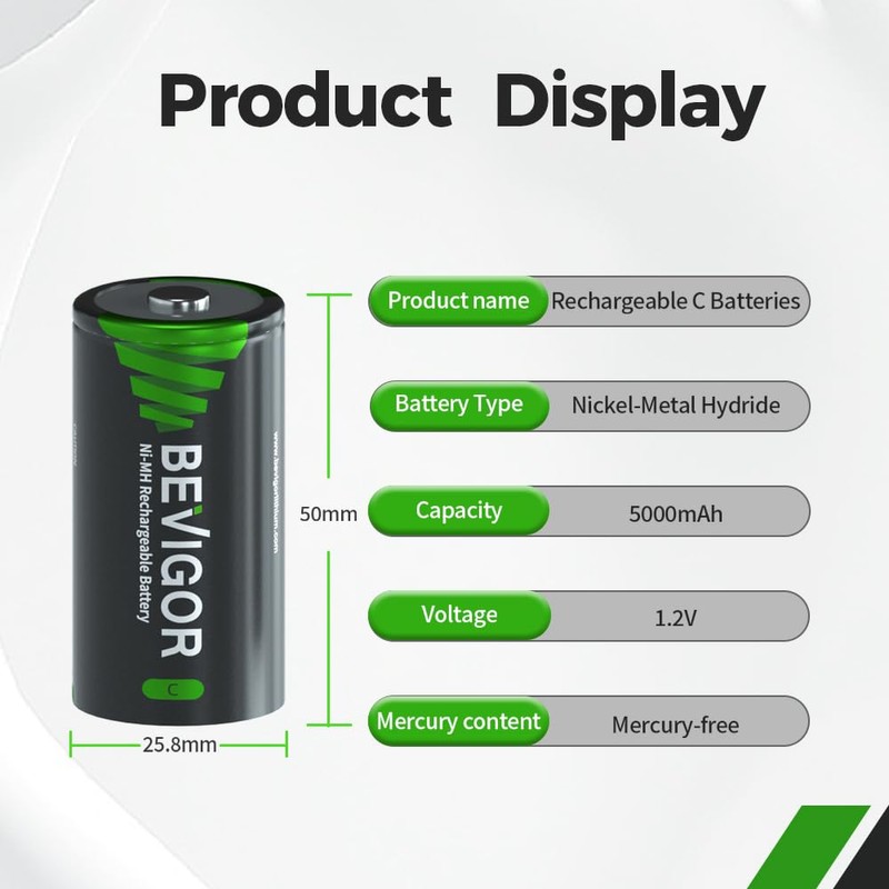 BEVIGOR Rechargeable C Batteries, 5000mAh 1.2V NiMH Precharged C Cell