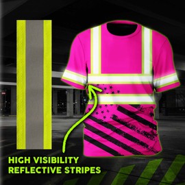 HiVis Custom Color US Flag High Visibility Shirt Men Women Pink Neon USA Flag Custom Name Reflective Safety Workwear Runners Patriotic Workers