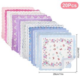 EEEKit Women Cotton Handkerchiefs, 20PCS Vintage Floral Print Handkies with Wavy Edge for Wedding Party Gifts, 11X11 in