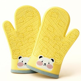 Qecamy Silicone Oven Mitts Cute Bear - Non-Slip Kitchen Gloves for Baking & BBQ - Soft Cotton Lined, Waterproof & BPA-Free Potholders - Machine Washable & Heat Resistant up to 500°F - Yellow, 1 Pair