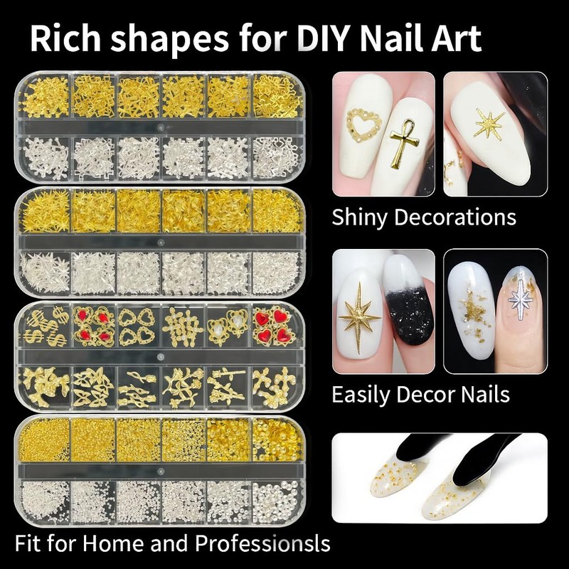 KINGNAME Gold Nail Charms and Gems Set, 4 Boxes Nail