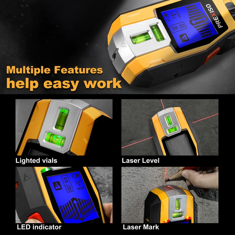 PREXISO 2-in-1 Stud Finder with Laser Level, Rechargeable Multi Surface