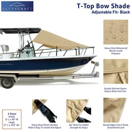 SavvyCraft T-Top Bow Shade for Boats, 600D Marine Grade Polyester Fade Resistant Fabric T-Top Boat Bow Area Sun Shade, 8'L x 116" W Beige