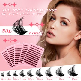Eyelash Extensions Set, 80D Natural DIY Eyelashes, 8-16 mm, D Curl, Wispy Eyelash Clusters, Easy DIY at Home (80D Eyelash Kit)