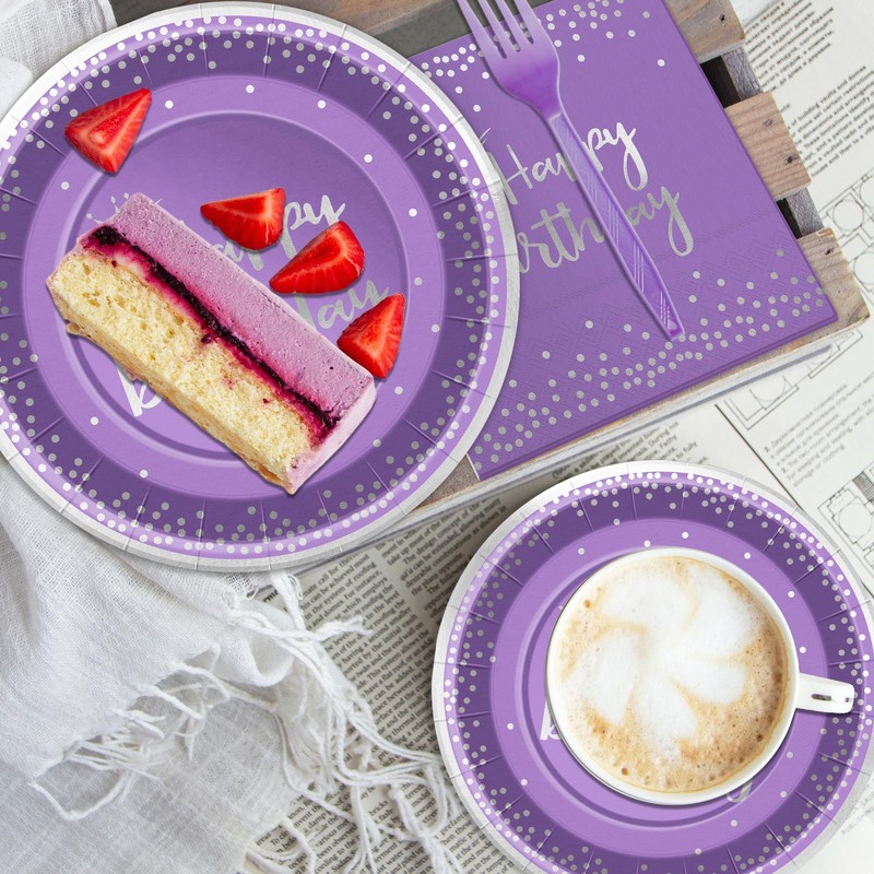 96 Pieces Purple and Silver Birthday Plates and Napkins Party