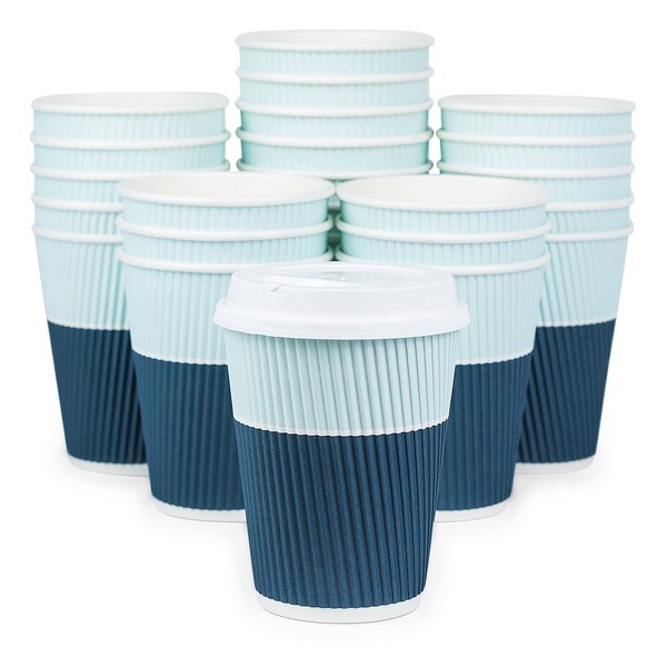 Glowcoast Disposable Coffee Cups With Lids - 12 oz To Go Coffee Cups (90 Set) With Sturdy Lids Prevent Leaks! Paper Hot Cup Holds Shape With Hot, Cold Drinks. Ripple Cups Protect Fingers from Heat!