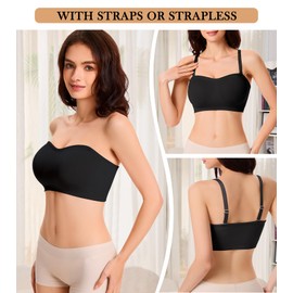 Miguofan Strapless Bra for Women Wireless Padded Bandeau Bra Seamless Non-Slip Silicone Tube Top Push Up Bralette (US, Alpha, Large, Regular, Regular, Black)