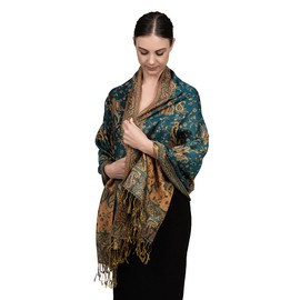 Achillea Soft Silky Reversible Paisley Pashmina Shawl Wrap Scarf w/Fringes (Dark Seagreen)