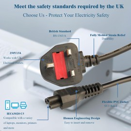 Wirafix IEC 60320 C5 Power Cable, 5.9ft(1.8m) Computer Power Cable with 13A fused, Compliant with BS-1363 Standard, Compatible with Mainstream Printer, Laptop, Monitor and More