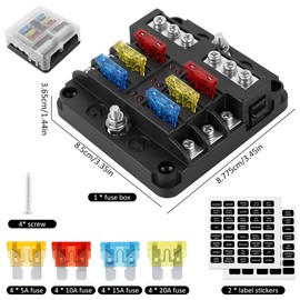 6-Way Fuse Box DC 32V Circuit Blades Fuse Block Waterproof Fuse Box Holder with 20 Fuses LED Indicator Lables Car Standard Blade Fuses Box for Automotive Car SUV Boat Marine Truck PoUYWH