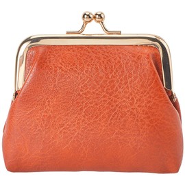 CREATCABIN Brown Kiss Lock Wallet Vintage Leather Coin Purse Ladies Money Pocket Iron Frame Compact Hand-held Wallet for Credit Cards Keys Headset Storage Christmas Valentine's Day Gift 4.1x4.3x1.2in