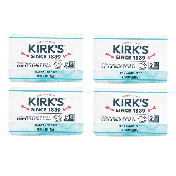 Kirk's Castile Bar Soap Clean Soap for Men, Women & Children | Premium Coconut Oil | Sensitive Skin Formula, Vegan | Fragrance-Free/Unscented | 4 oz. Bars - 4 Pack