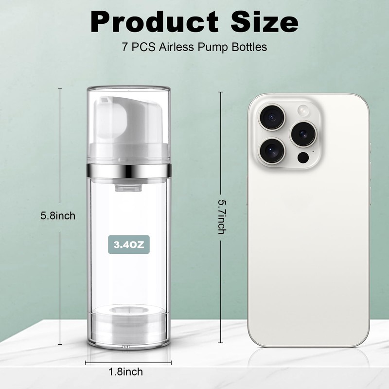 Decorniqu 7 Pack Airless Pump Bottles 3.4oz/100ml Travel Pump Bottles