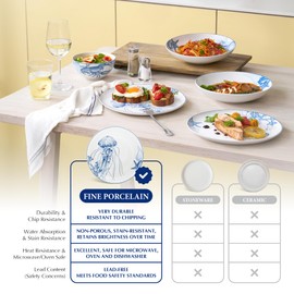 Minh Long 12-PCS Porcelain Coastal Dinnerware Set, Plates, Bowls, Service for 4, Chip & Scratch Resistant, Oven Safe up to 482°F, Non toxic, Lead & Cadmium Free, Stackable, Dishwasher & Microwave Safe