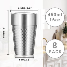 Offiper Stainless Steel Double Wall Cup, 16 oz Insulated Tumbler, 8 Pack Unbreakable Stackable Water Tumblers Insulated Metal Cup Premium Drinking Glasses for Travel Camping Home Outdoor