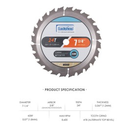 Luckyway 7-1/4 Inch 24T Framing with 5/8 Inch Arbor TCT Circular Saw Blade for Cutting Wood