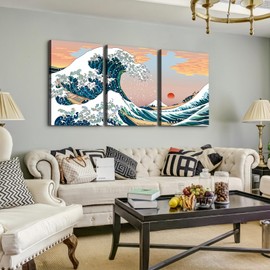 Dimpoli 3 Pieces Ukiyo-e Canvas Wall Art， Katsushika Hokusai Japanese Prints Kanagawa Big Wave Modern Canvas Print Artwork Abstract Picture Canvas Wall Art Home Office Wall Decoration
