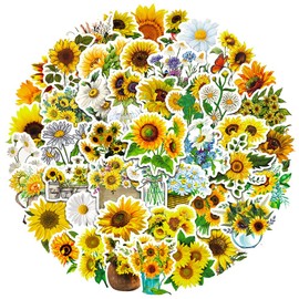 50 Packs Sunflower Stickers Water Bottles Laptop Phone Motorcycle Computer Guitar Skateboard Hydroflasks Sunflower Vinyl Sticker Waterproof Aesthetic Trendy Decals for Teens Girls Adults