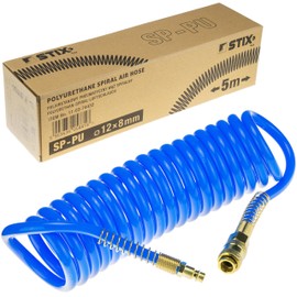Compressed Air Spiral Hose SP-PU 5 m, Compressed Air Hose 8/12 mm Made of PU, Max. Pressure 10 Bar, with Kink Protection and Quick Coupling, Suitable for Pneumatic Tools