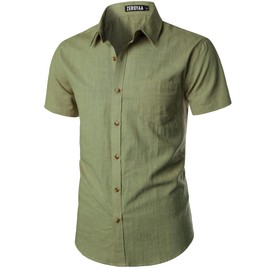 ZEROYAA Men's Fitted Cotton Linen Casual Short Sleeve Button Up Shirts Lightweight Beach Tops with Pocket ZLSC34-Avocado Green Large