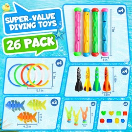 Dive Rings Pool Toys Adults, 26 Pcs Diving Toys for Kids Ages 4-8, Shark Torpedo Dive Set, Octopus Toddler Water Fun Toys, Summer Essentials Underwater Swimming Throwing Gifts for Boys & Girls