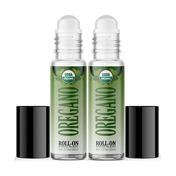 Organic Oregano Roll On Essential Oil Rollerball (2 Pack - USDA Certified Organic) Pre-diluted with Glass Roller Ball for Aromatherapy, Kids, Children, Adults Topical Skin Application - 10ml Bottle