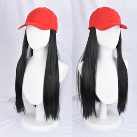 ASAYUMI Baseball Cap with Attached Long Straight Black Hair Extension Wig, 22 Inches, Red Baseball Cap Adjustable Hat with Hair for Women