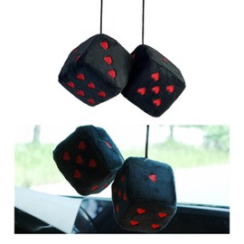 Ziciner Pair Fuzzy Plush Dice for Car Mirror, 3'' Retro Square Dice with Heart-Shape, Universal Auto Rearview Mirror Hanging Ornament Decoration, Car Accessories for Women (Black&Red)