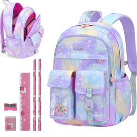 LPQKCcY Girls Backpack School Bag with Stationery Set, Kids Toddler Rucksack Large Capacity Backpacks, Waterproof Lightweight Primary Book Bags for Teens 8-10 Years Old (Purple)
