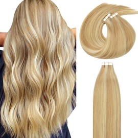 Lacer Extensiones de cabello humano real con cinta adhesiva en extensiones de cabello humano liso y sedoso de rubio dorado a rubio platino de 24 pulgadas y 50 g, 20 unidades
