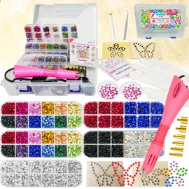 Hotfix Applicator Tool with 8600 Pcs Rhinestones for Blinging Clothes, Fabric, Clothing, Leather, Hot Fix Bedazzler Kit with 6 Tips, Stand, Manual, Case, Glove, Stencils, Tray, Tweezers, Gem Picker