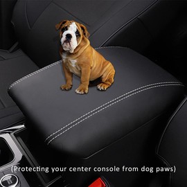 INTGET Car Center Console Armrest Cover for 2024 2025 Ford Explorer Accessories 2020 2021 2022 2023 Leather Middle Arm Rest Dog Seat Cover Console Lid Protector(Black with White Stitches)