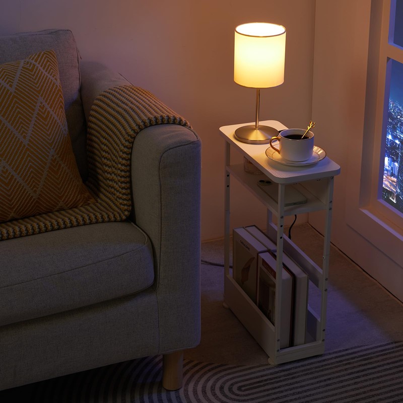 YEAKOO Narrow Side Table with Charging Station, 3-Tier End Table