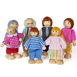 Aolso Wooden Family Dolls Playset of 7 People, Wooden Figures Set for Children Doll house Pretend Gift, Family Set for Dolls House Accessories Kids Toy
