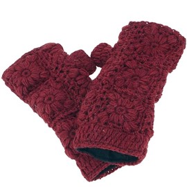 GURU SHOP Crocheted Flower Hand Warmers, Arm Warmers Made of Virgin Wool, Pulse Warmer, Men/Women, Red, Size: One Size, burgundy