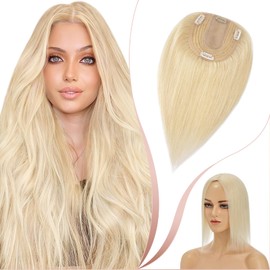 Elailite Hair Toppers For Thinning Hair Women Real Hair uk - 100% Human Hair Extensions Clip in Toupee SILK BASE Crown HairPiece (#613 Bleach Blonde, 8 Inch)