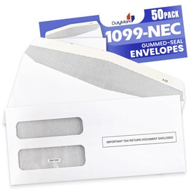 50 1099 NEC Envelopes, Designed for 3 UP 1099 NEC Tax Forms, 3 13/16’’ x 8 7/8’’, Gum Seal, Double-Window, Security Tinted Envelopes, 50 1099 Nec Envelopes